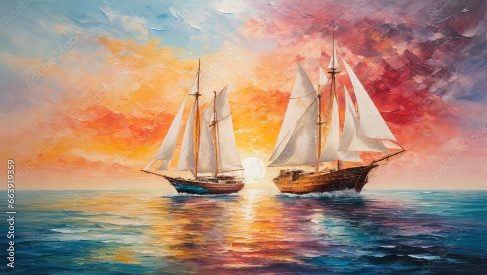 Scenic view of a sailing ship, as the sun sets below the horizon, casting a warm orange glow over the calm waters, Watercolor