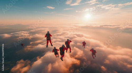 group of skydivers is falling from the sky.