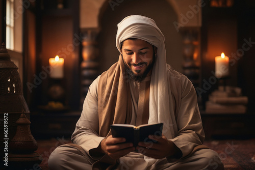 Islamic religious man reading holy book quran