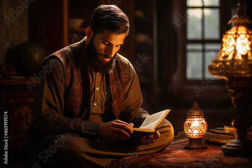 Islamic religious man reading holy book quran photo
