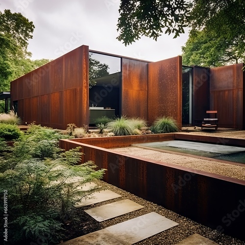 architectural  modern corten building with pool