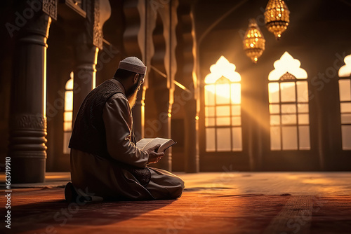 Islamic religious man reading holy book quran. photo