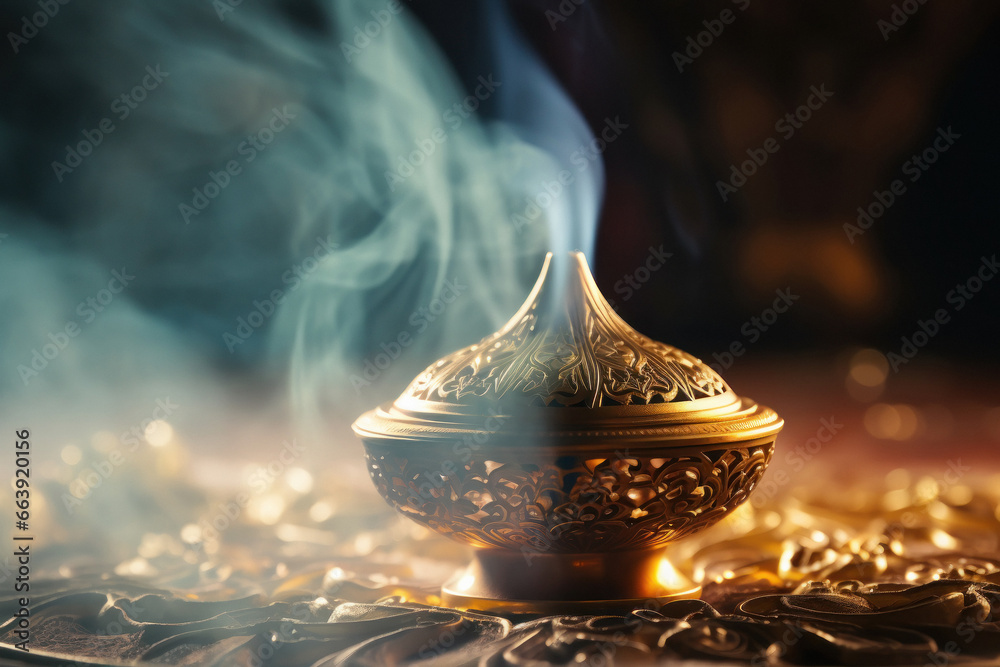 Small metal decorative Arabian incense burner censer with smoke - obrazy, fototapety, plakaty 