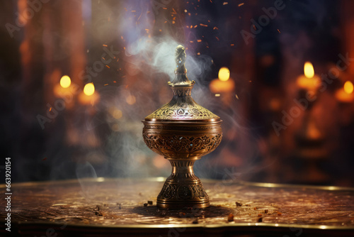 Small metal decorative Arabian incense burner censer with smoke