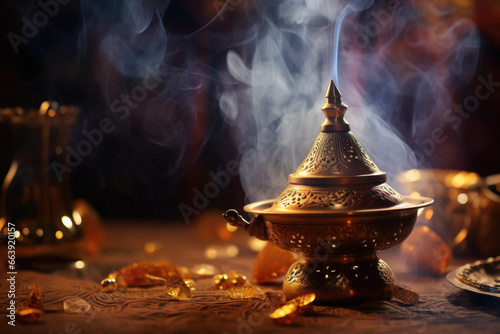 Small metal decorative Arabian incense burner censer with smoke photo