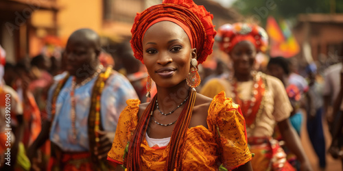 Portrait African American woman in colorful traditional clothes outdoor and shawl on her head exuding beauty and cultural richness.Selective focus. Black History Month