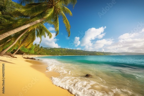 A beautiful coastal paradise with golden sand, vibrant palm trees, and a tranquil turquoise sea. Generative AI © Mark