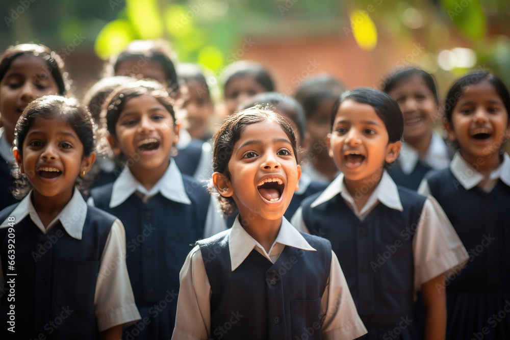 Indian school children group singing national anthem Indian school children group singing national anthem