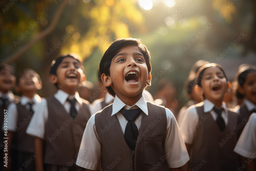 Indian school children group singing national anthem - obrazy, fototapety, plakaty 