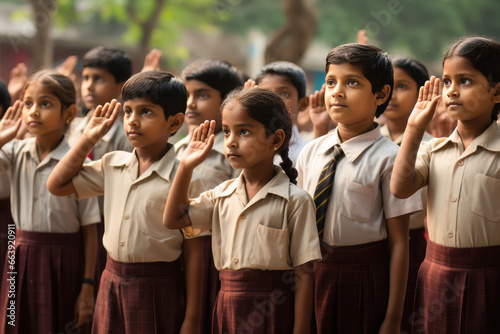 Indian little school children, saluting
