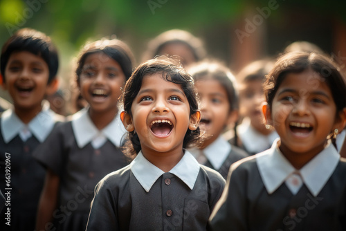 Indian school children group singing national anthem photo