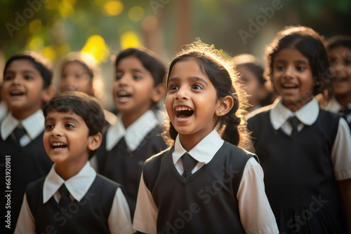 Indian school children group singing national anthem photo