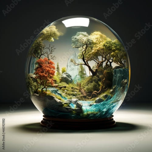 strange abstract ecosystem in a glass sphere