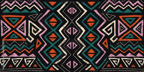 African ethnic seamless pattern in tribal style. Trendy abstract geometric background with grunge texture. Unique design elements for textile, banner, cover, wallpaper, wrapping