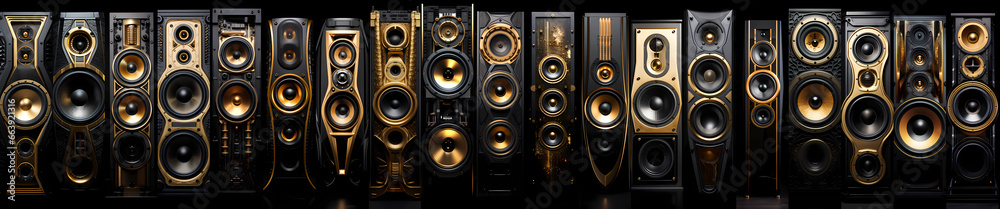 An ultra-wide collage of tall speakers with opulent golden trim, their sleek designs emanating a sense of audiovisual luxury and high-fidelity grandeur, very inviting to music enthusiasts An ultra-wide collage of tall speakers with opulent golden trim, their sleek designs emanating a sense of audiovisual luxury and high-fidelity grandeur, very inviting to music enthusiasts