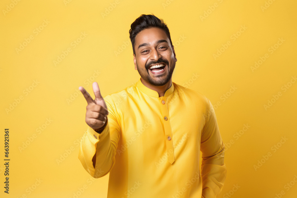 indian man smiling and showing finger in front side indian man smiling and showing finger in front side