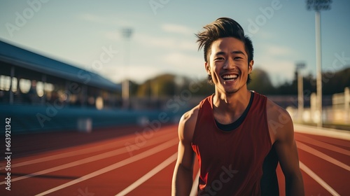 Smiling Young Asian Athlete on the Track