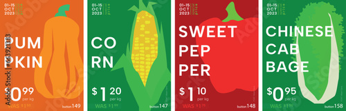 Pumpkin, corn, sweet pepper, chinese cabbage. Vegetables poster set in flat colourful design. Price tag, label or poster. Flat vector illustration.