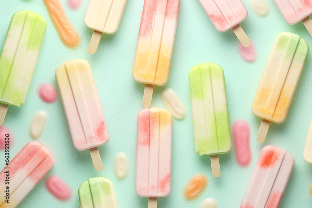Colorful Ice Cream Sticks on Pastel Background - Sweet Summertime Treats,Created with Generative AI technology.