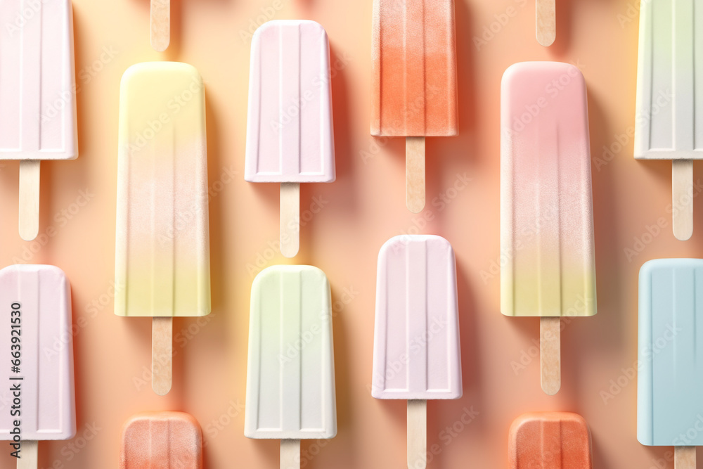 Colorful Ice Cream Sticks on Pastel Background - Sweet Summertime Treats,Created with Generative AI technology.
