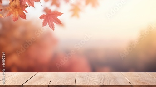 Empty Wooden surface for presentation with blurred autumn garden and flowers background, mockup, Space for presentation