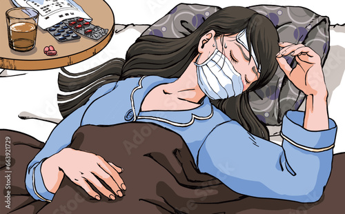 風邪をひいて寝込むパジャマ姿の若い女性_マスクver