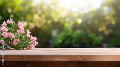 Empty Wooden surface for presentation with blurred garden and flowers background, mockup, Space for presentation product © masyastadnikova