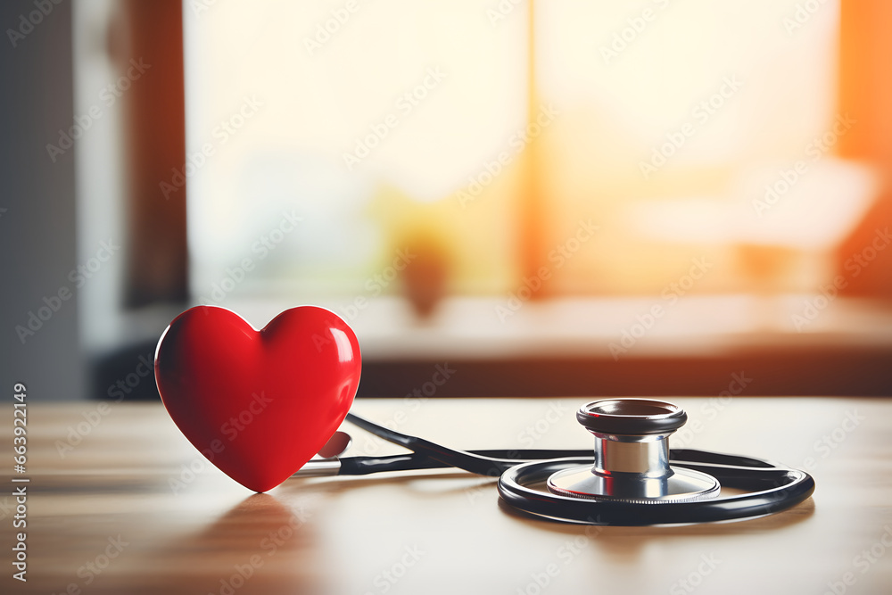 Close up red heart and black stethoscope on a table. Medical concept Close up red heart and black stethoscope on a table. Medical concept