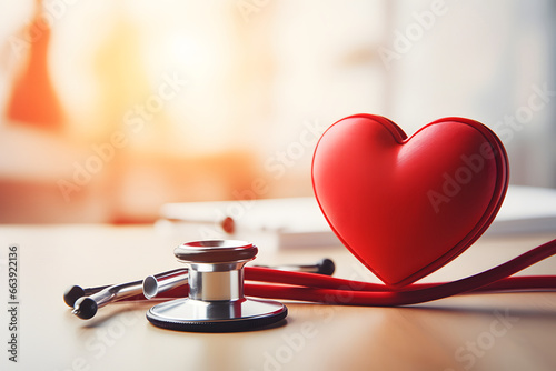 Close up red heart and black stethoscope on a table. Medical concept