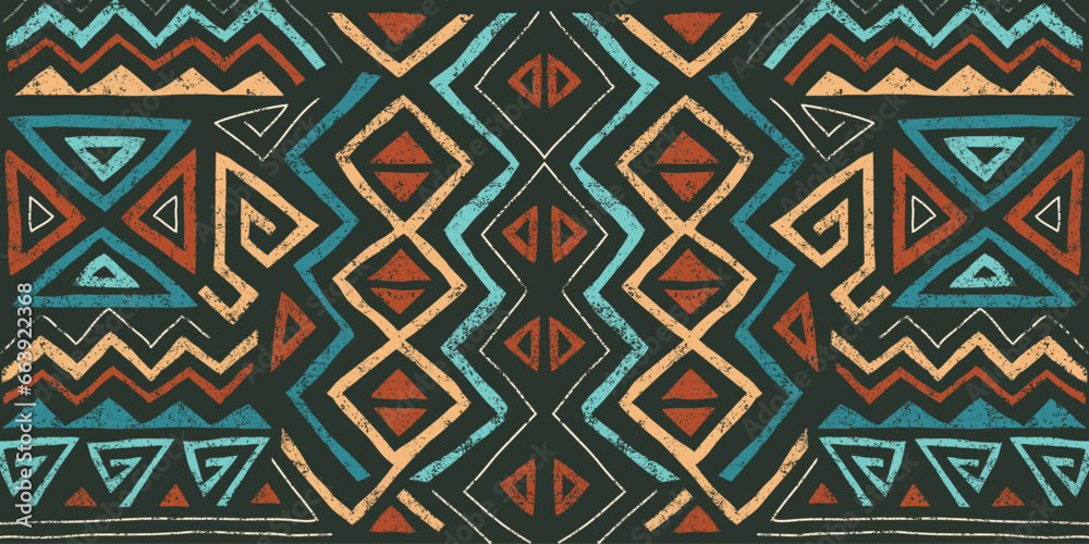 African ethnic seamless pattern in tribal style. Trendy abstract geometric background with grunge texture. Unique design elements for textile, banner, cover, wallpaper, wrapping African ethnic seamless pattern in tribal style. Trendy abstract geometric background with grunge texture. Unique design elements for textile, banner, cover, wallpaper, wrapping