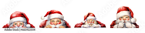 Funny Christmas Santa Claus Peeking Watercolor Clipart isolated on Transparent Background 