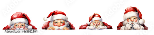 Funny Christmas Santa Claus Peeking Watercolor Clipart isolated on Transparent Background
