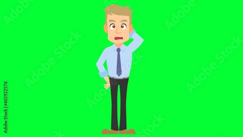 cartoon man thinking, thoughtful background and 2d animation, Cartoon character, thinks , expressions, Education, man giving message, puzzled, solving problem, idea green screen