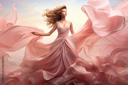 Young beautiful woman waving his long pink color dress