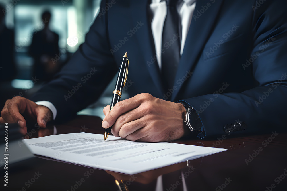 Close up business man signing paper during project deal
