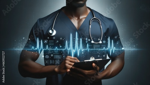 Black Male Nurse with Patient Chart Modern Data Concept