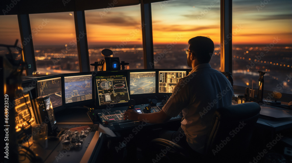 Young man air traffic controller working at his cabin - obrazy, fototapety, plakaty 