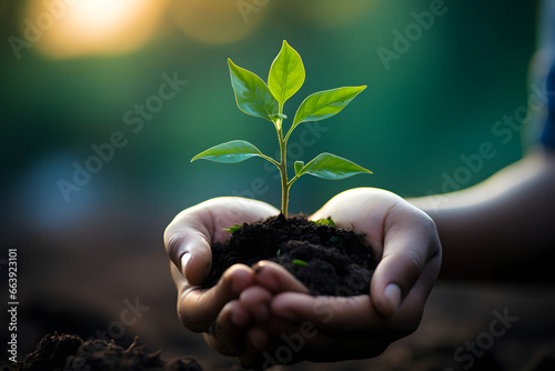 Hand holding a plants with bright background.