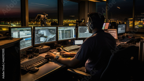 Slika na platnu Young man air traffic controller working at his cabin