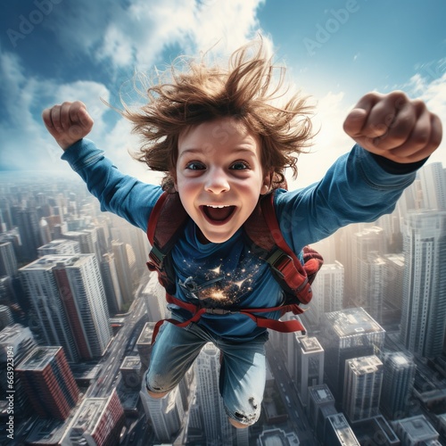 Daring Boy Superhero Flying through Skyline and Aspiring Adventure and Bold Leap Uplifting Concept photo