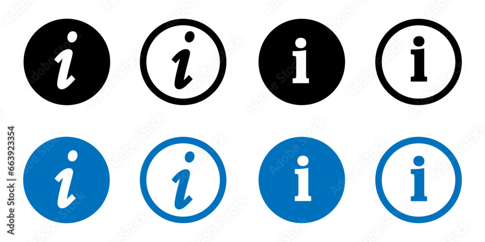 Info icons set. Information icon collection. Info button or symbols on transparent background. Info icons set. Information icon collection. Info button or symbols on transparent background.