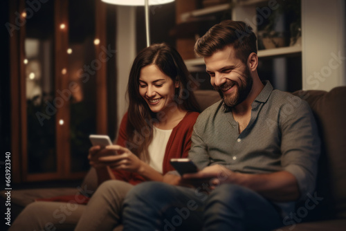 Young couple using smartphone at home
