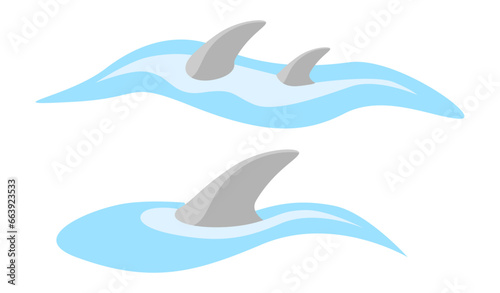 Shark fin silhouette and waves on white background. Vector illustration