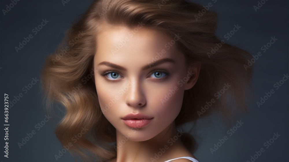 Fototapeta premium Closeup studio portrait promoting skin care, cosmetics and a healthy lifestyle. Model with short brown hair promoting hair products. Sensual.