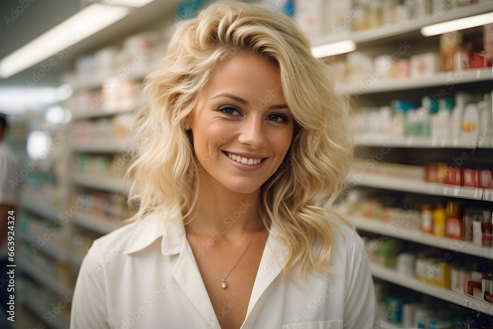 photo of a beautiful blonde and happy magister wearing white medical coat and checking the stock of medicine on the shelves in the pharmacy. Generative Ai.
