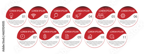 eleven step infographic, simple design, lines, colors, icons, suitable for your business presentation