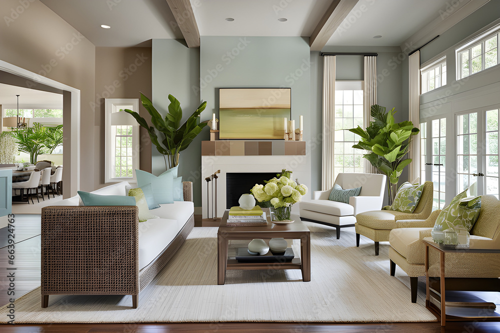 Fototapeta premium The living room's harmonious color scheme and decor choices create a soothing and cohesive environment that promotes relaxation and well-being. Generative AI