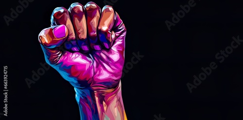 Raised clenched female fist symbolizing rebellion, protest, strength. Concept of resistance and standing up for one's beliefs, defiance and determination associated with a clenched fist raised high.