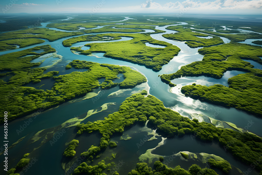 Aerial view of a river delta - obrazy, fototapety, plakaty 
