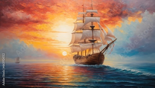 Scenic view of a sailing ship, as the sun sets below the horizon, casting a warm orange glow over the calm waters, Watercolor